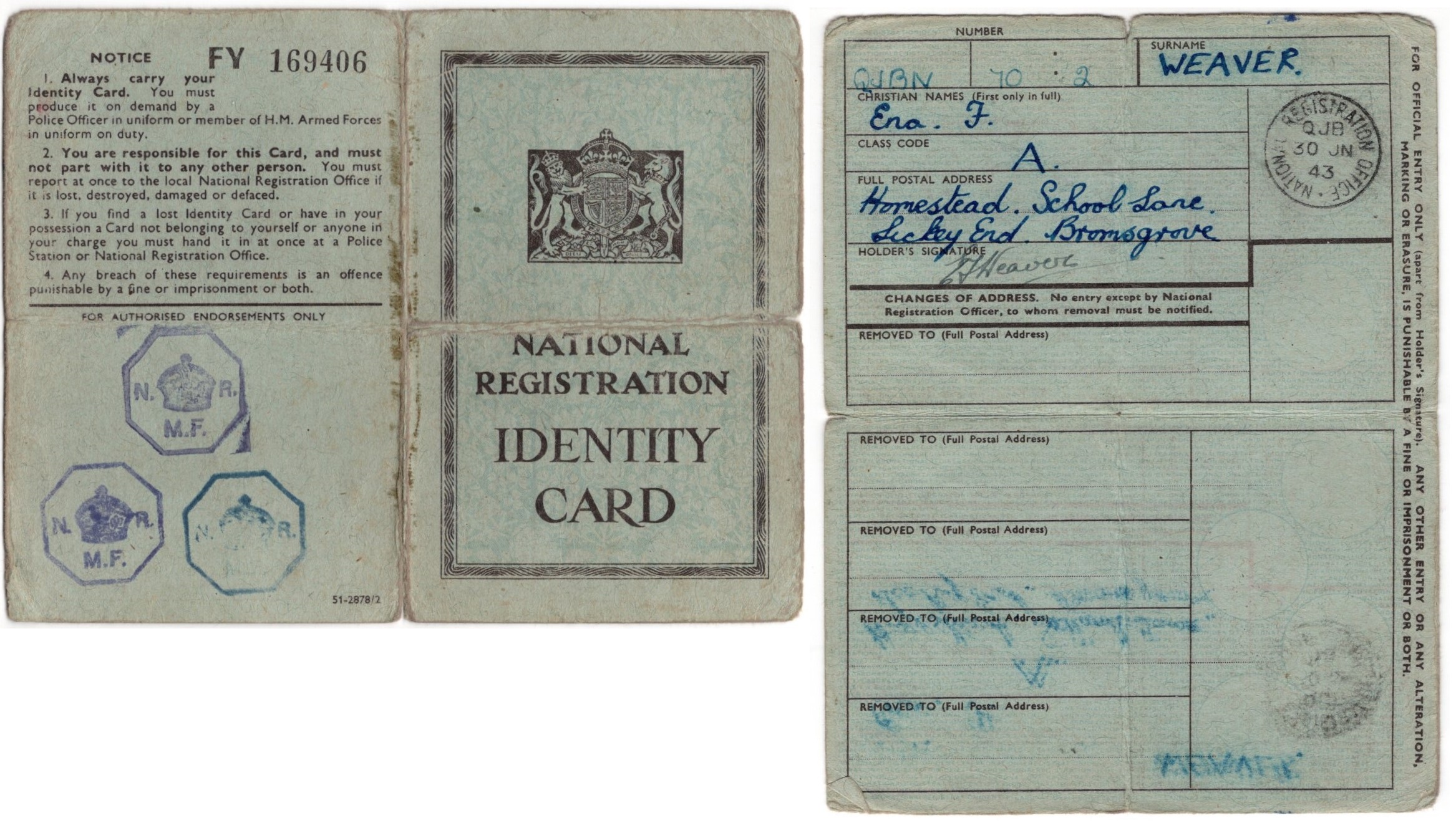 National Registration Identity Card - Ena F Weaver - 1943